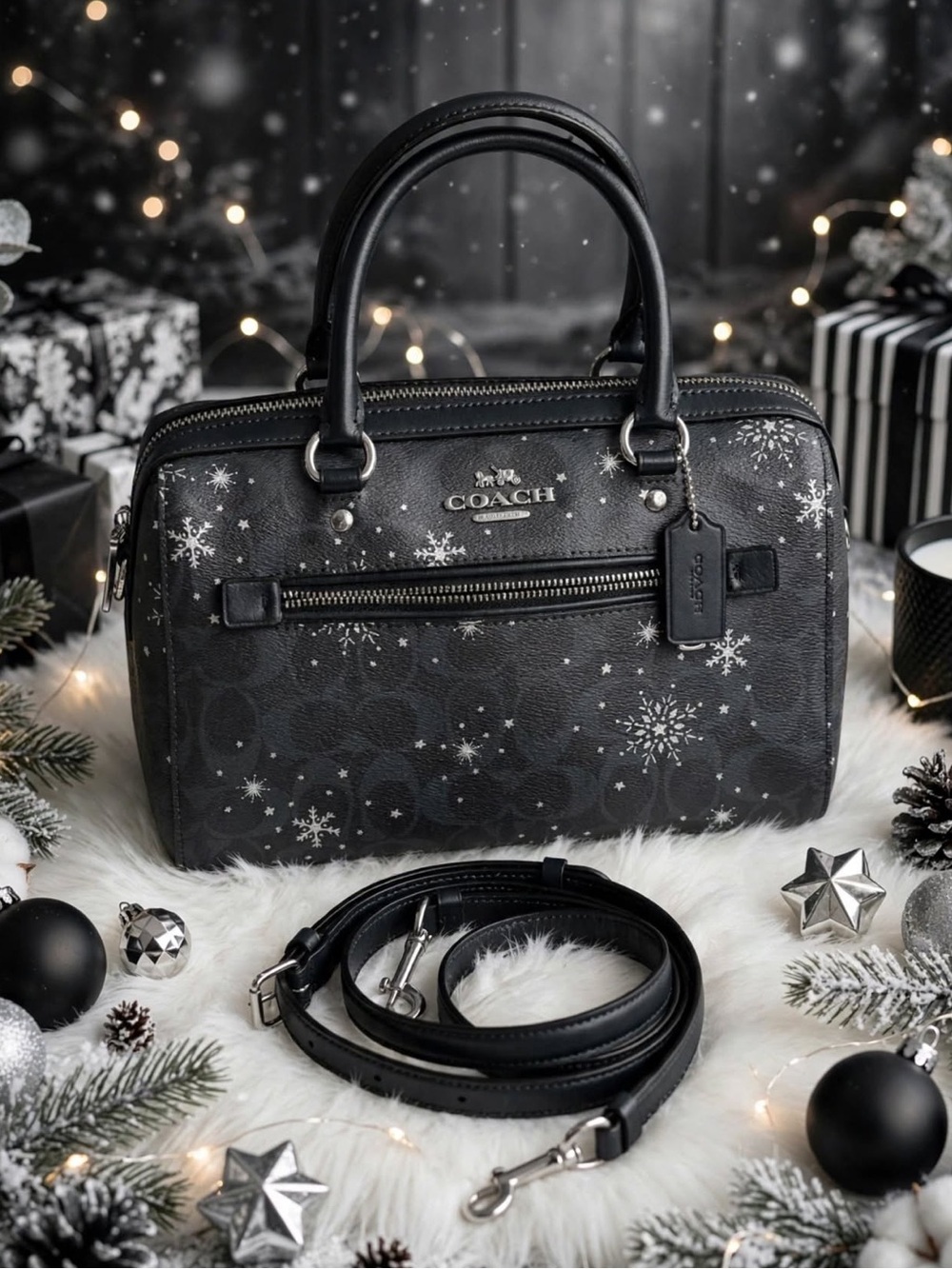 Coach Black/Grey Snowflake Signature Medium Rowan with Detachable Strap
